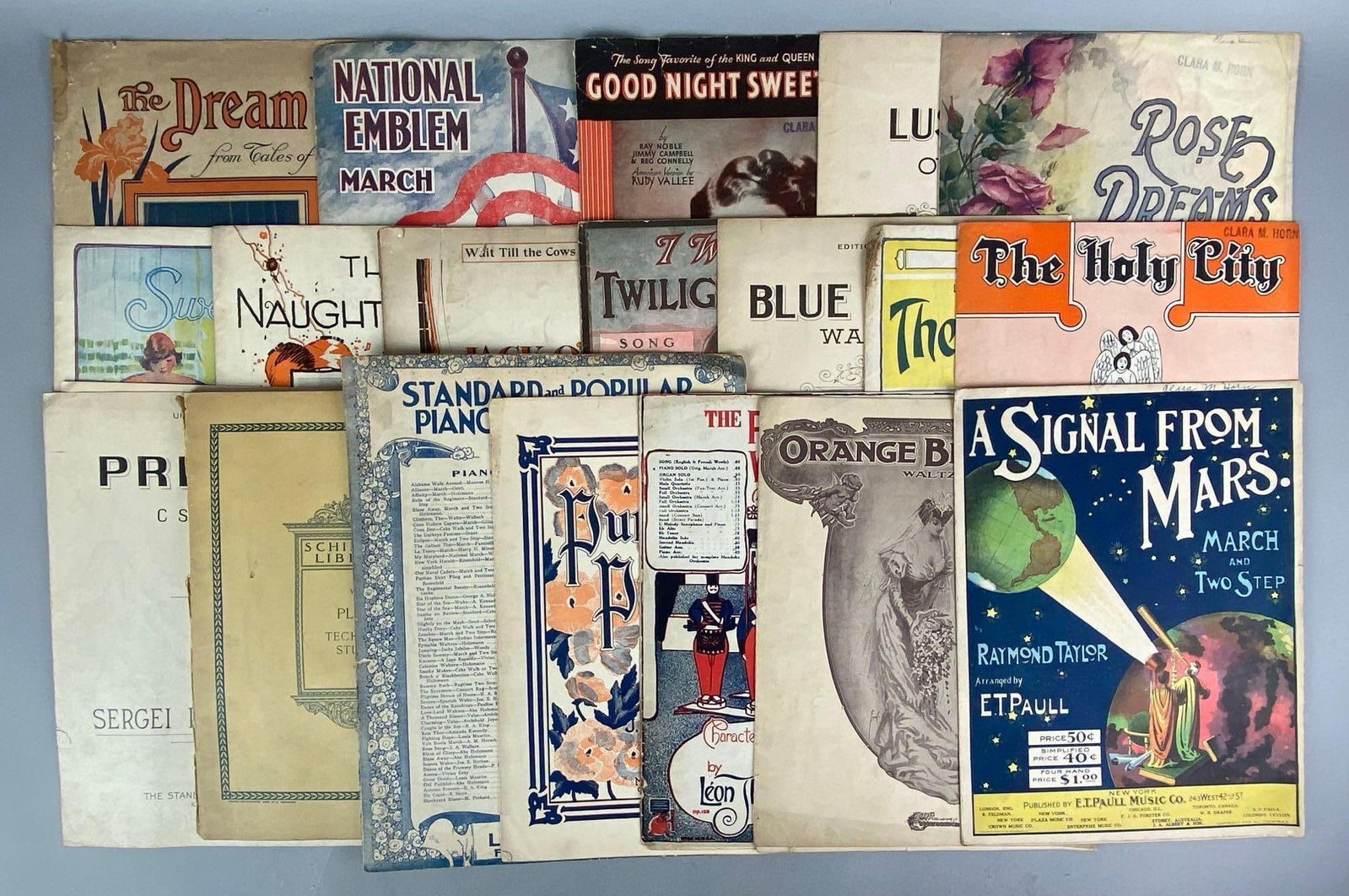 Group of Vintage Sheet Music Books: Includes A Signal from Mars, Rose dream, Orange Blossums and more, largest measures 12 1/4 H x 9 1/4 W