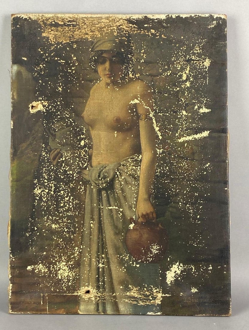 Antique J Sussmayr Signed Nude Woman Oil on Canvas Painting: artist signature on bottom right corner, 2 holes and paint flaking throughout, measures 22 H x 16 W
