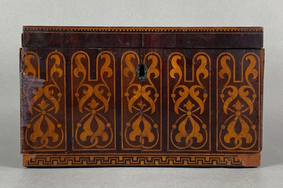Antique Velvet Line Inlayed Wood Veneer Lockbox: Chipping shown to veneer, velvet lining deteriorating, measures 5 1/4 H x 9 W x 5 1/2 D