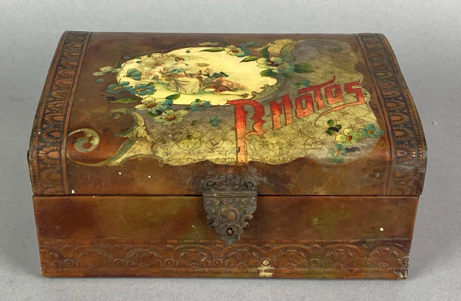 Antique Copper Over Wood Photo Box with Assorted Ephemera (1 of 4)
