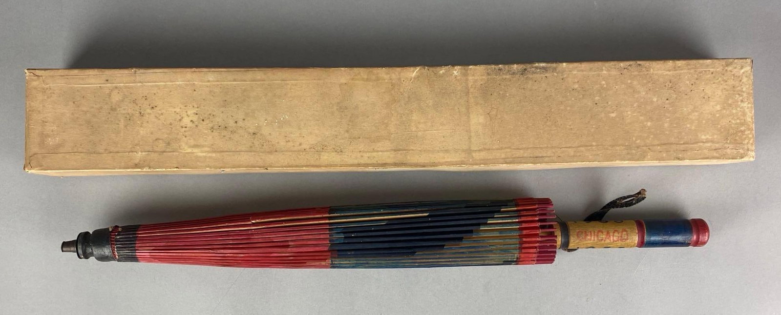 1933 Chicago Worlds Fair Souvenir Wood and Paper Parasol: With original box, some cracks and breaks, measures 24 H