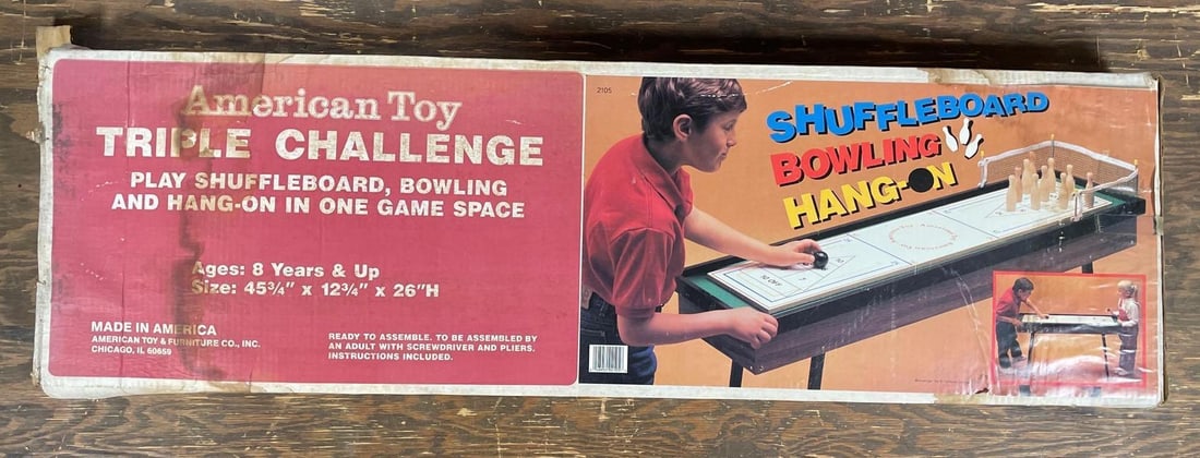 Vintage American Toy Triple Challenge Table Game: Unopened, water damaged, box measures 14 inches x 45 inches x 3 inches