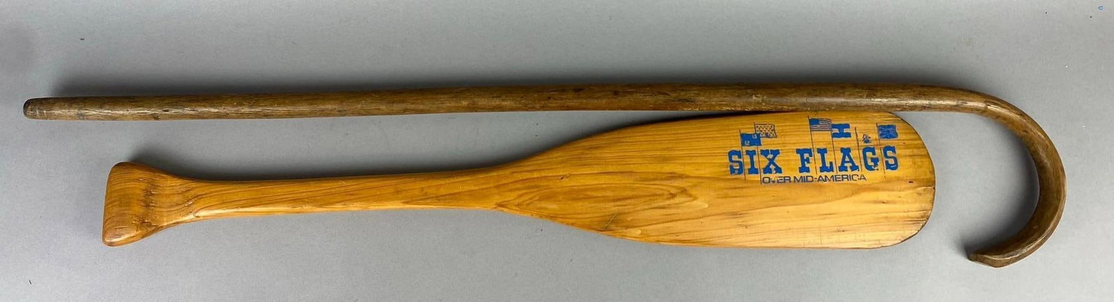 Vintage 1970?s Six Flags Over Mid America Wood Souvenir Paddle and More: Includes bentwood cane. Larges measures 38 in length.
