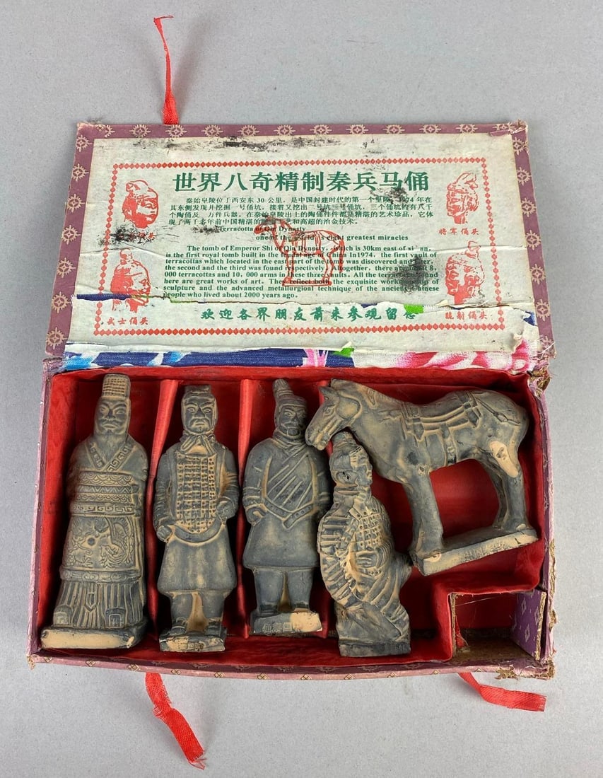 Vintage 1970?s China Terracotta Souvenir Figures: Box has rips and tears throughout. One figure measures 5 in length.