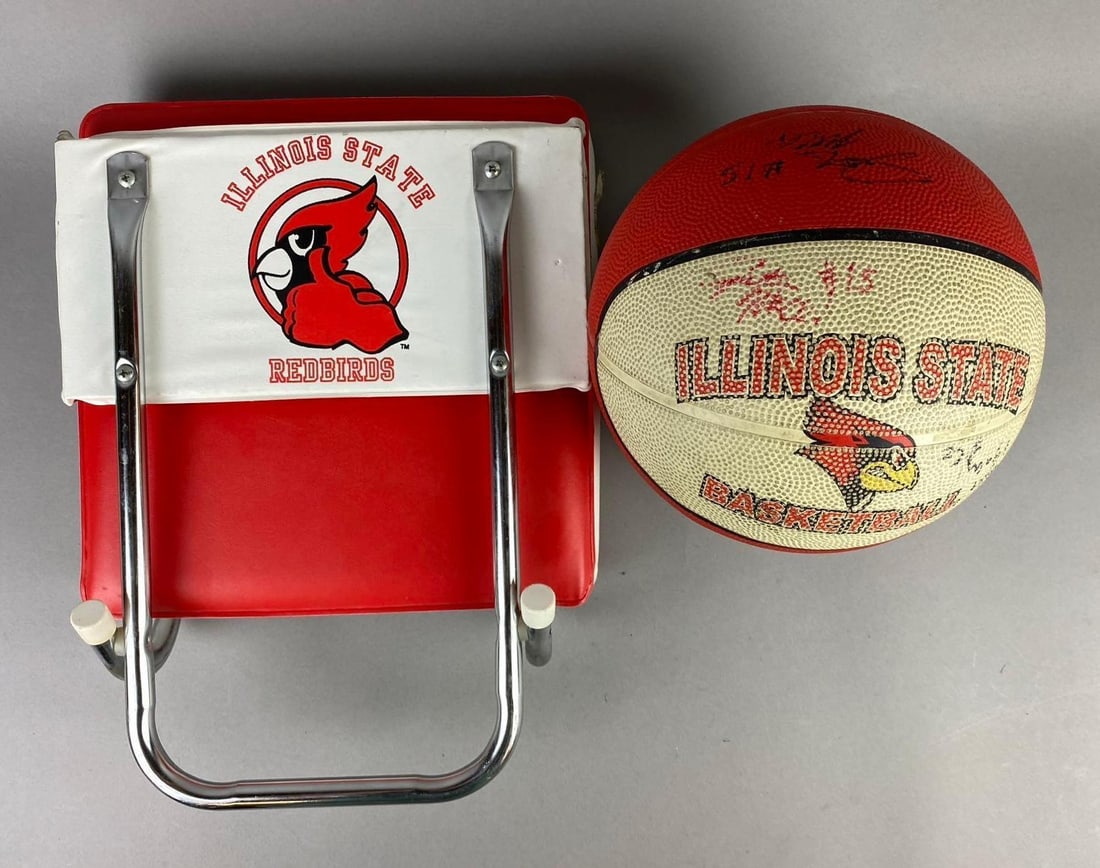 Group of 2 Illinois State University Redbird Basketball Souvenirs: Includes 1980s bleacher seat and Signed 2010 Team Basketball. Largest measures L 15 x W 12 inches.