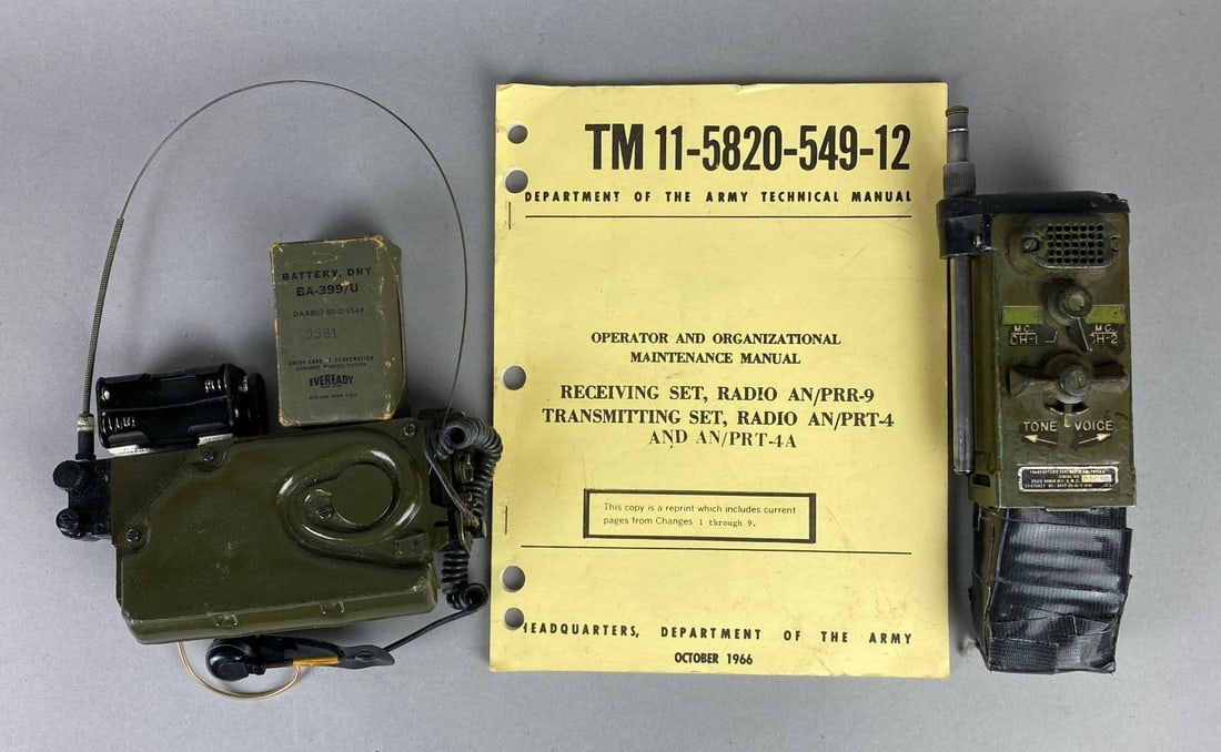 Vintage 1960?s Vietnam War Helmet One-Way Radio: Includes An/Prr-9 and An/Prrt-4. Both been modified to take modern Batteries. Tested and working. Includes 1966 Technical manual. Largest measures L 10 x W 7 1/2 inches.