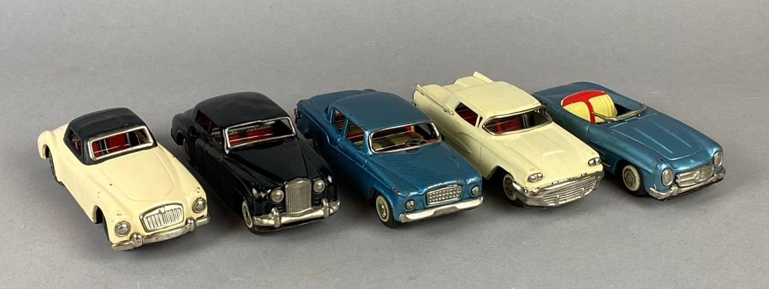 Group of 5 Vintage 1960?s Japan Litho Tin Friction 1/43 Scale Vehicles (1 of 4)