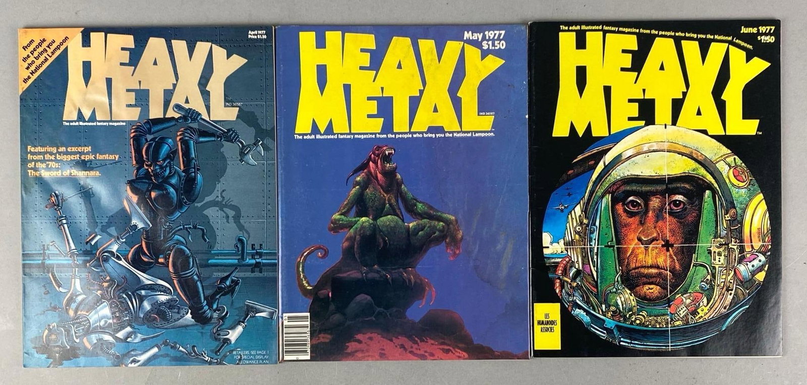 Group of 3 April-June 1977 Heavy Metal Adult Magazines: Moisture damage on each, each measures 11 H x 8 W