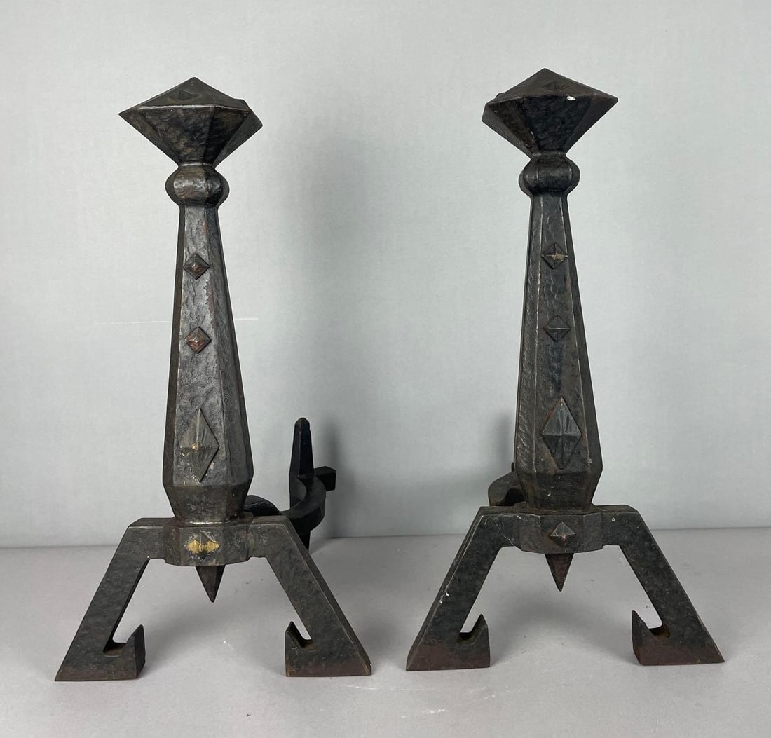 Pair of Antique B and H Cast Iron Andirons: Each measure 20 1/2 inches x 11 inches x 11 inches