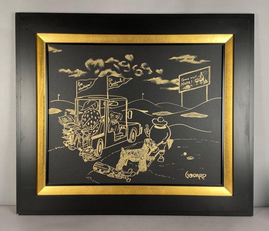 1969 Signed Michael Godard Golf Retirement Gold Ink on Canvas Drawing: Signed at bottom corner, frame measures 34 inches x 40 inches