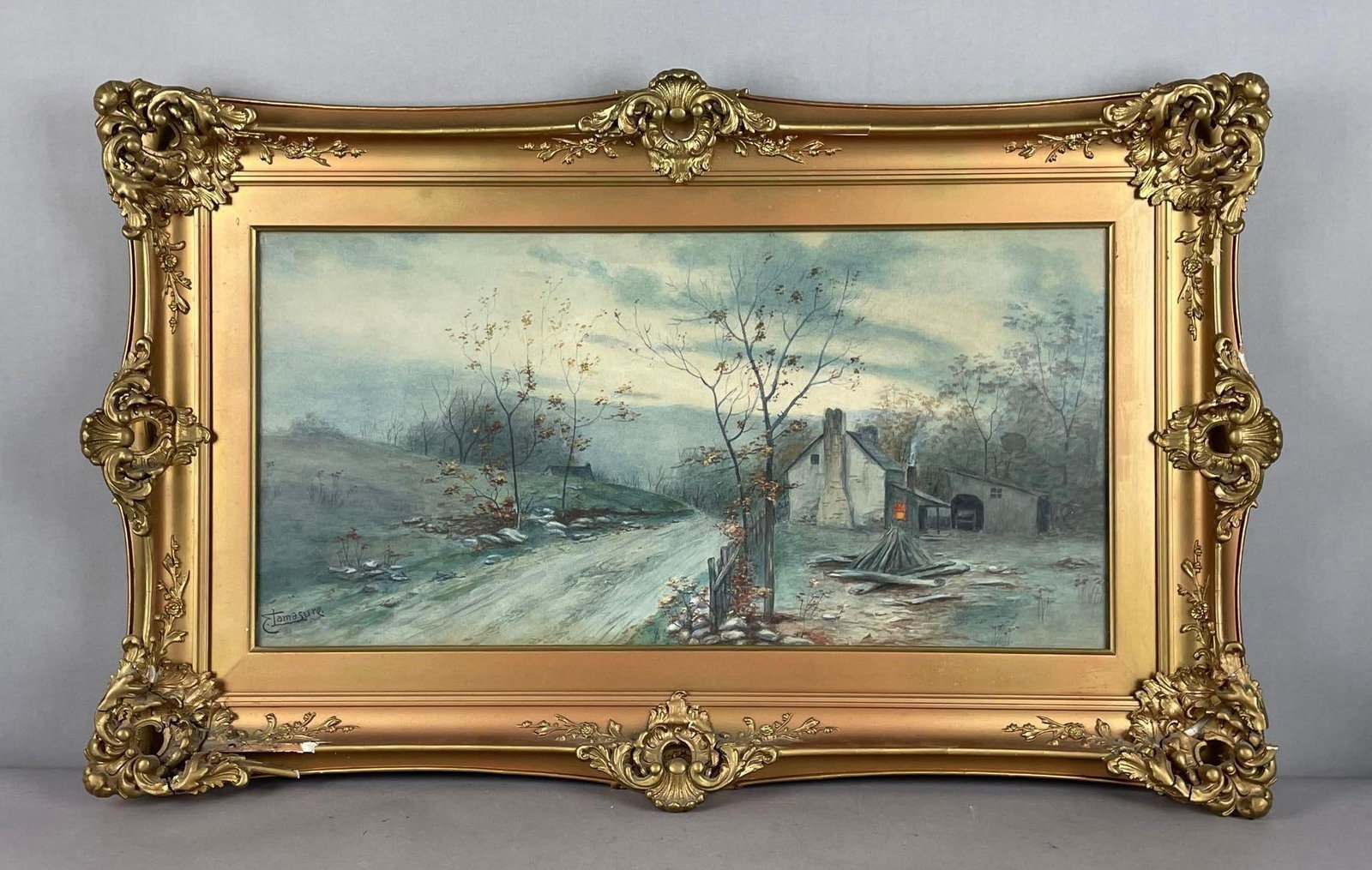 Antique Signed Edwin Lamasure Autumn Landscape Watercolor Painting: Signed E. Lamasure, gilded frame damaged in several spots, measures 21 inches x 34 inches
