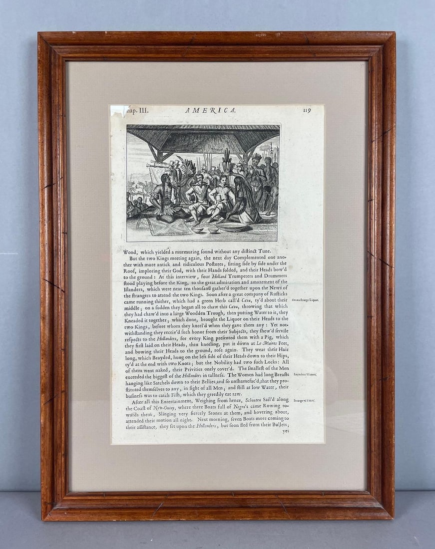 17th Century America Book Plate: Europeans with Native Americans, torn at corner, frame measures 20 inches x 14 1/2 inches