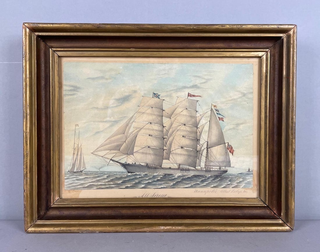 Antique Artist Signed Annapolis Sailing Vessel Watercolor Painting: Watercolor and ink, frame measures 13 inches x 17 inches