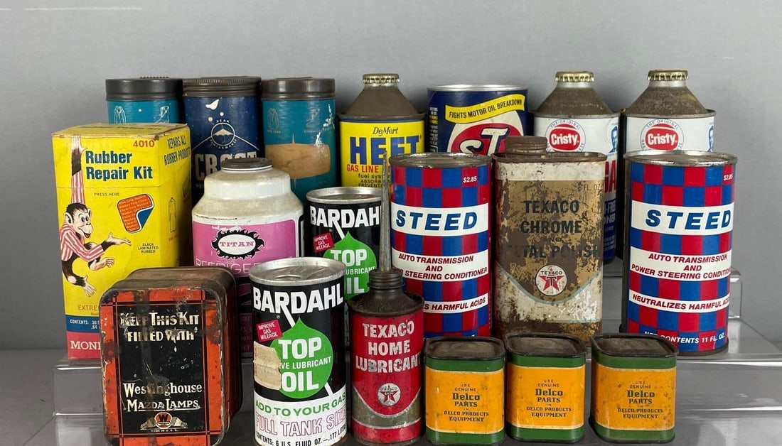 Group of Vintage Automotive Fluid Advertising Cans and More: Includes STP, Texaco, Beer, monkey grip rubber repair kit