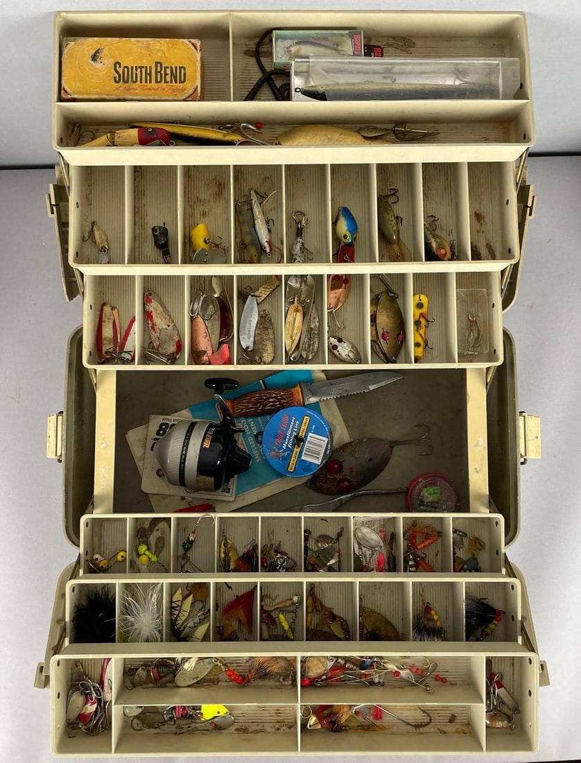 Plano Tackle Box of Fishing Lures: Includes rapala, south bend, zebco 888 reel, box measures 11 inches x 20 inches x 10 inches