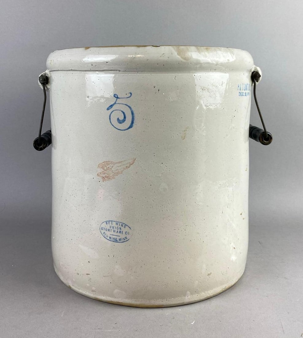 Antique 1915 Red Wing 5 Gallon Glazed Stoneware Crock: Patent Dec 21, 1915. Mfg in red wing, Minnesota. Measures H 13 x W 12 inches.