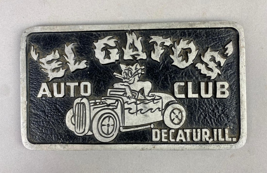 Vintage 1960s El Gatos Auto Club Decatur, IL. Aluminum Hot Rod Car Club Plaque: measures L 9 x W 5 inches.