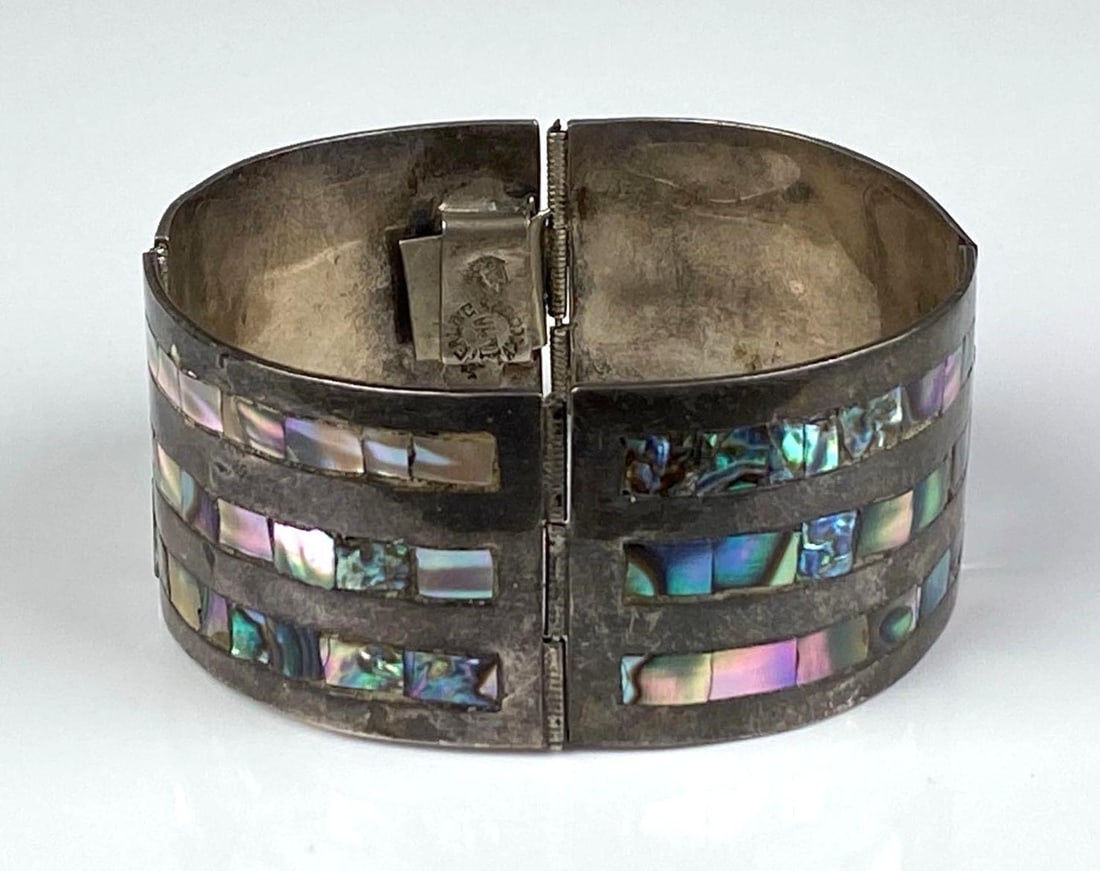 LMA Signed Mexican Sterling Silver MOP Paneled Bracelet: Mother of pearl, Measures 6 1/2 inches in length