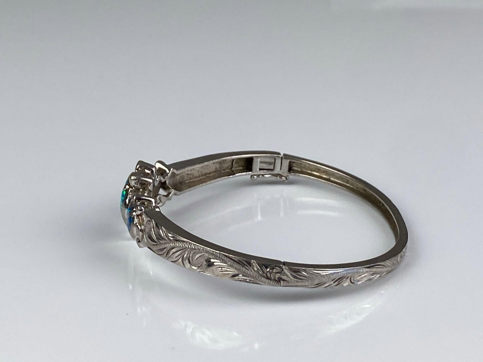 Sterling Silver Engraved Scrollwork Blue Opal Turtle Hinged Bracelet - 2