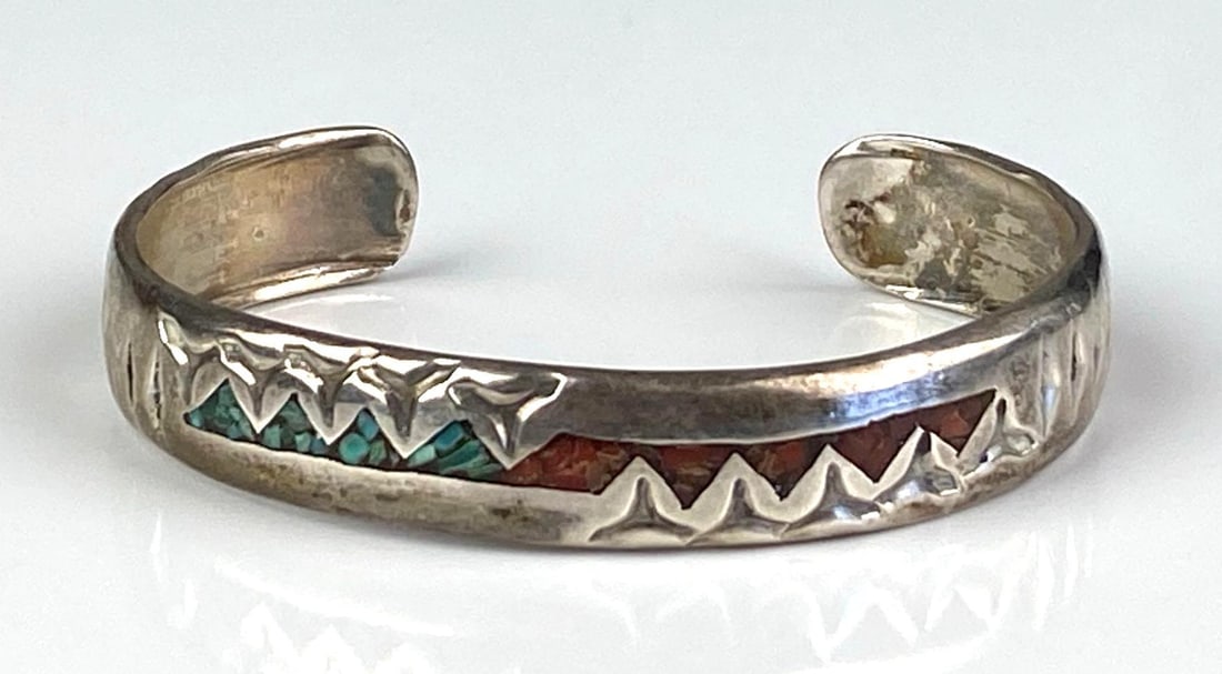 Signed Sterling Silver Native American Turquoise and Coral Cuff Bracelet: Inner circumference measures 6 inches with a 1 inches opening