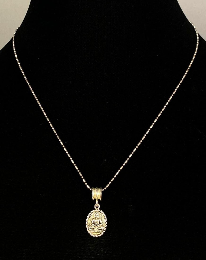 FAS Signed Sterling Silver Necklace with Seated Buddha Pendant: Necklace measures 17 inches in length