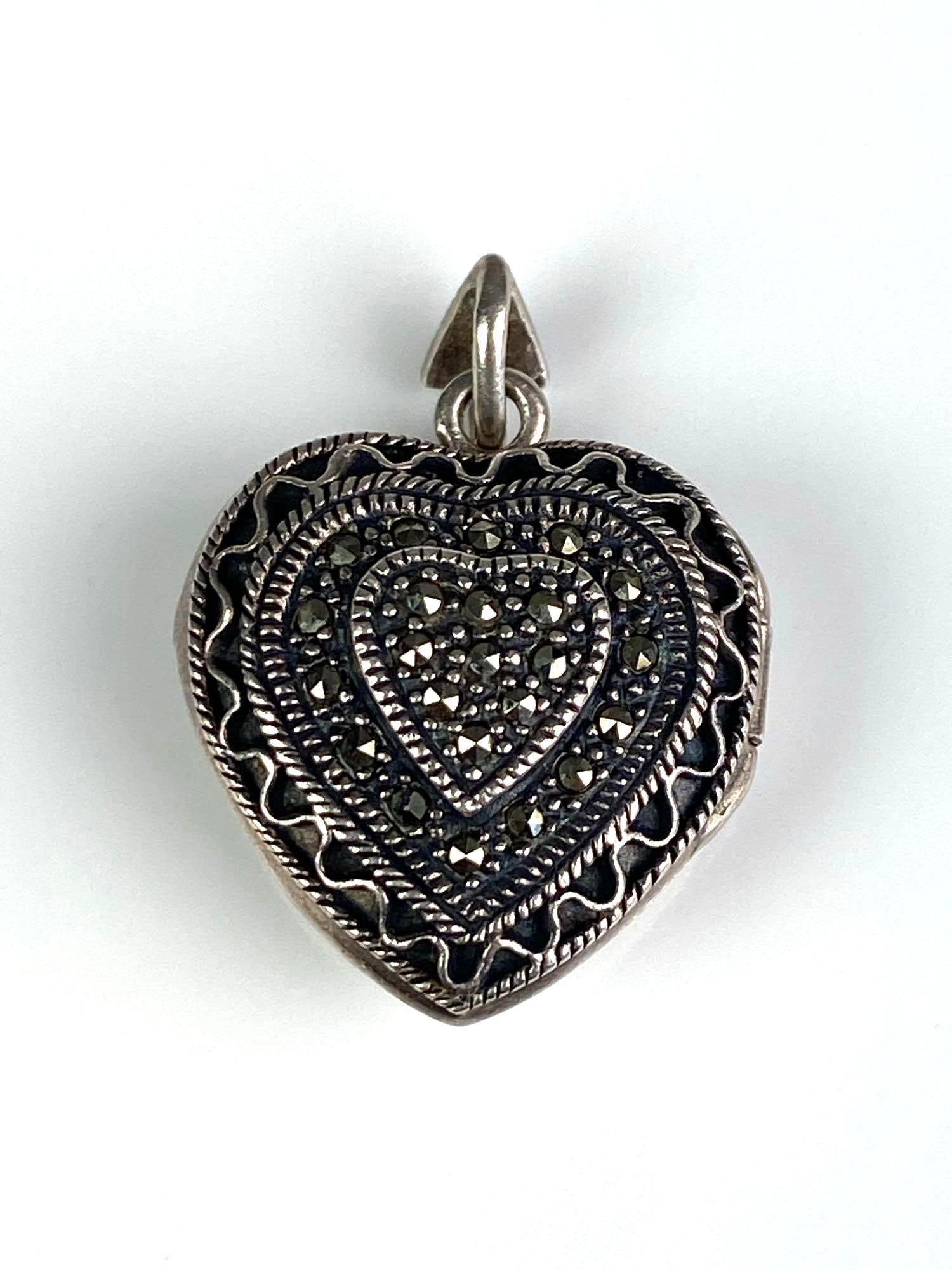 FAS Signed Sterling Silver Marcasite Heart Locket Pendant: Measures 1 inches H x 3/4 inches W