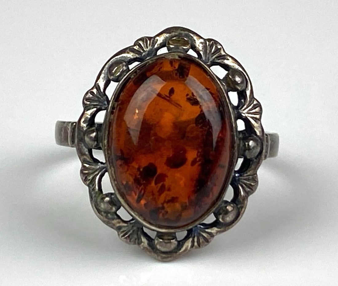 Signed Sterling Silver Amber Openwork Ring