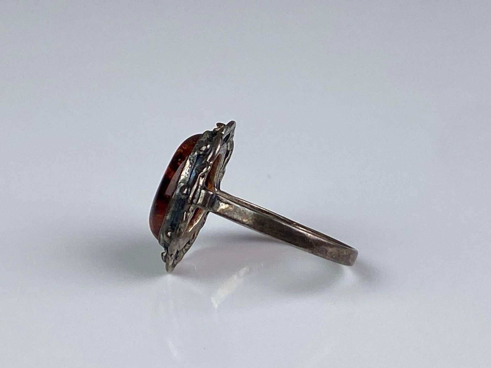 Signed Sterling Silver Amber Openwork Ring - 2