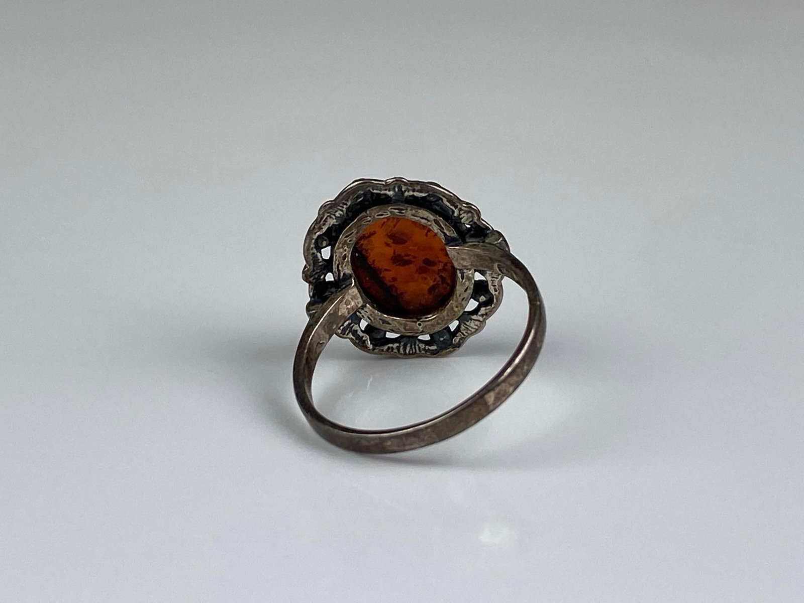 Signed Sterling Silver Amber Openwork Ring - 3