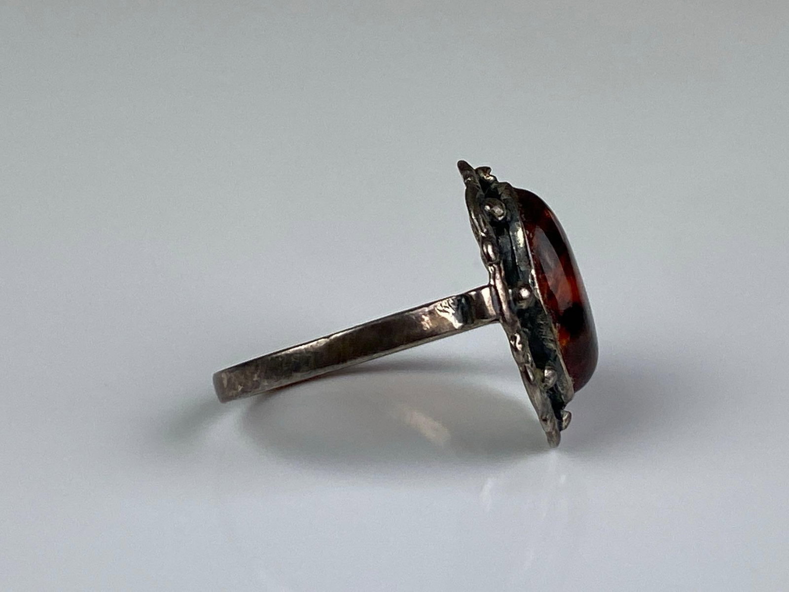 Signed Sterling Silver Amber Openwork Ring - 4