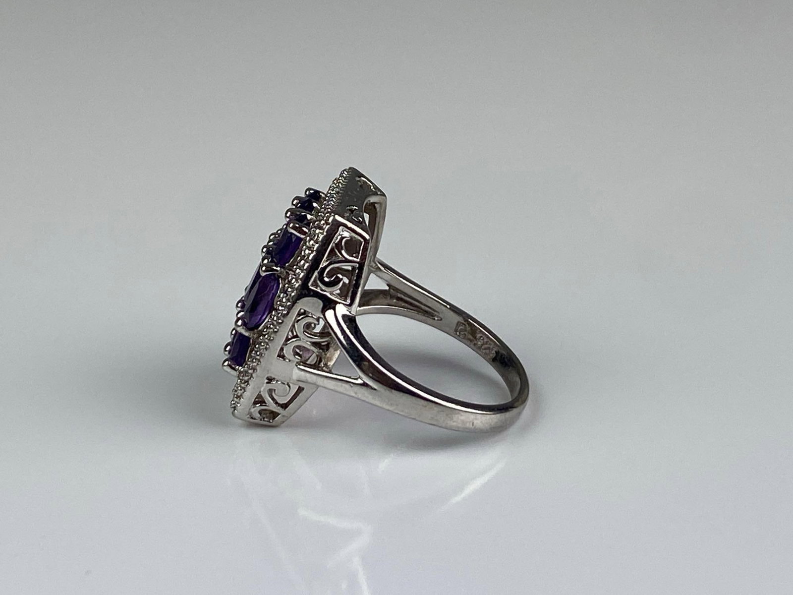 Signed Sterling Silver Amethyst CZ Cluster Ring - 2