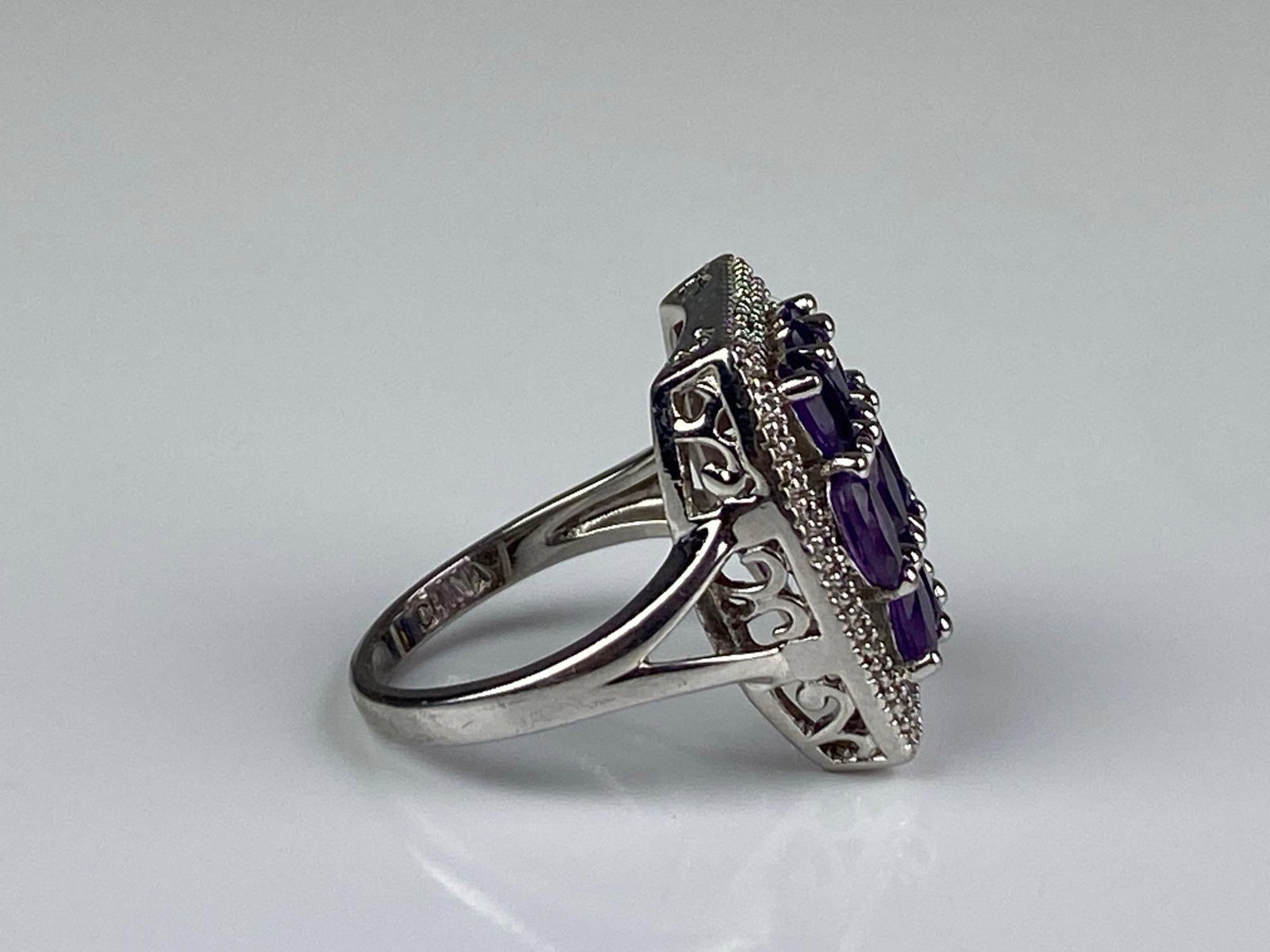 Signed Sterling Silver Amethyst CZ Cluster Ring - 4