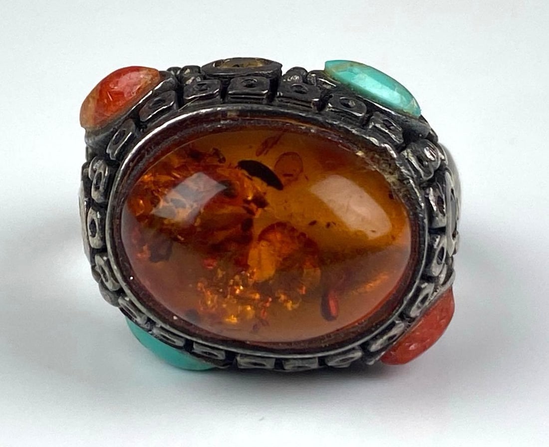 Sterling Silver Multi-Stone Amber Ring: Size 8