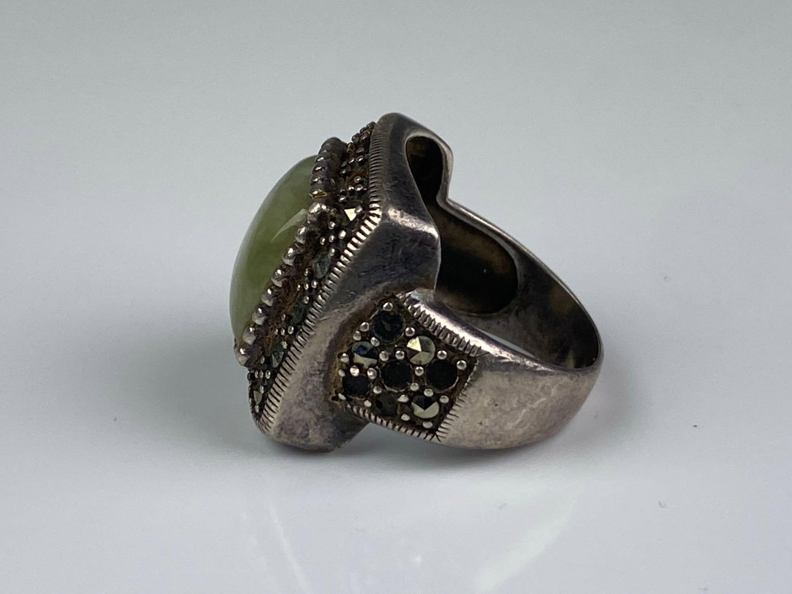 Sterling Silver Jade Marcasite Ring - 2