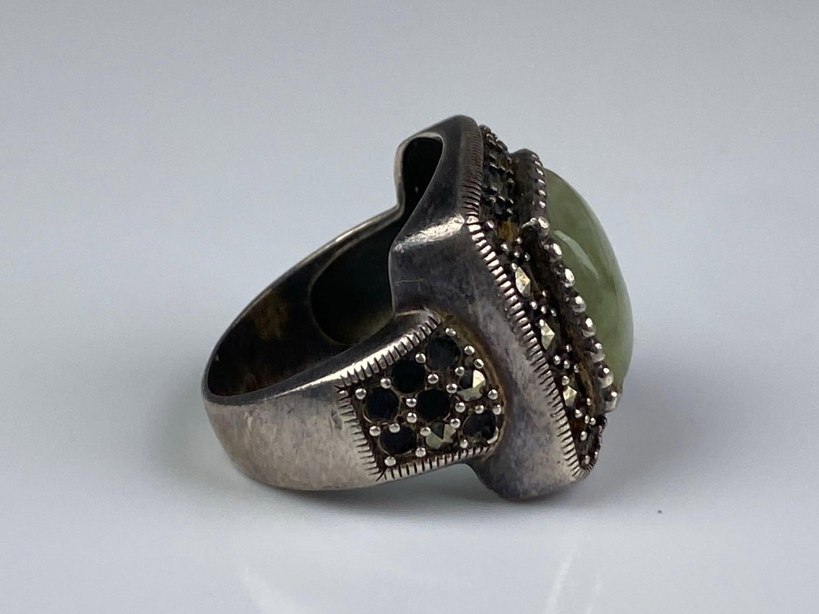 Sterling Silver Jade Marcasite Ring - 4
