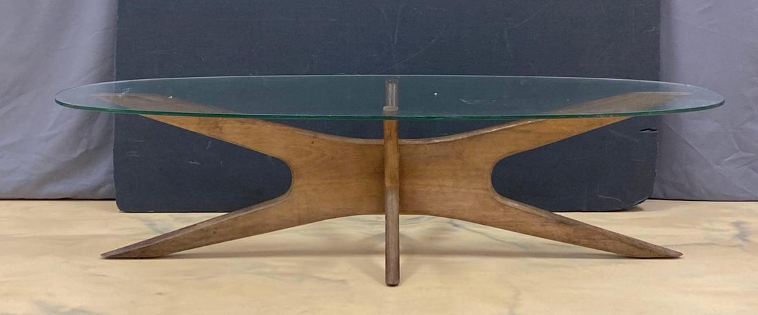 Vintage MCM Adrian Pearsall Jax Wood Coffee Table: NO IN HOUSE SHIPPING AVAILABLE, THIRD PARTY SHIPPING RECOMMENDED, mid century modern, chips along edges of glass, some scuffs along feet. measures 15 1/2 inches H x 59 inches W x 19 3/4 inches D