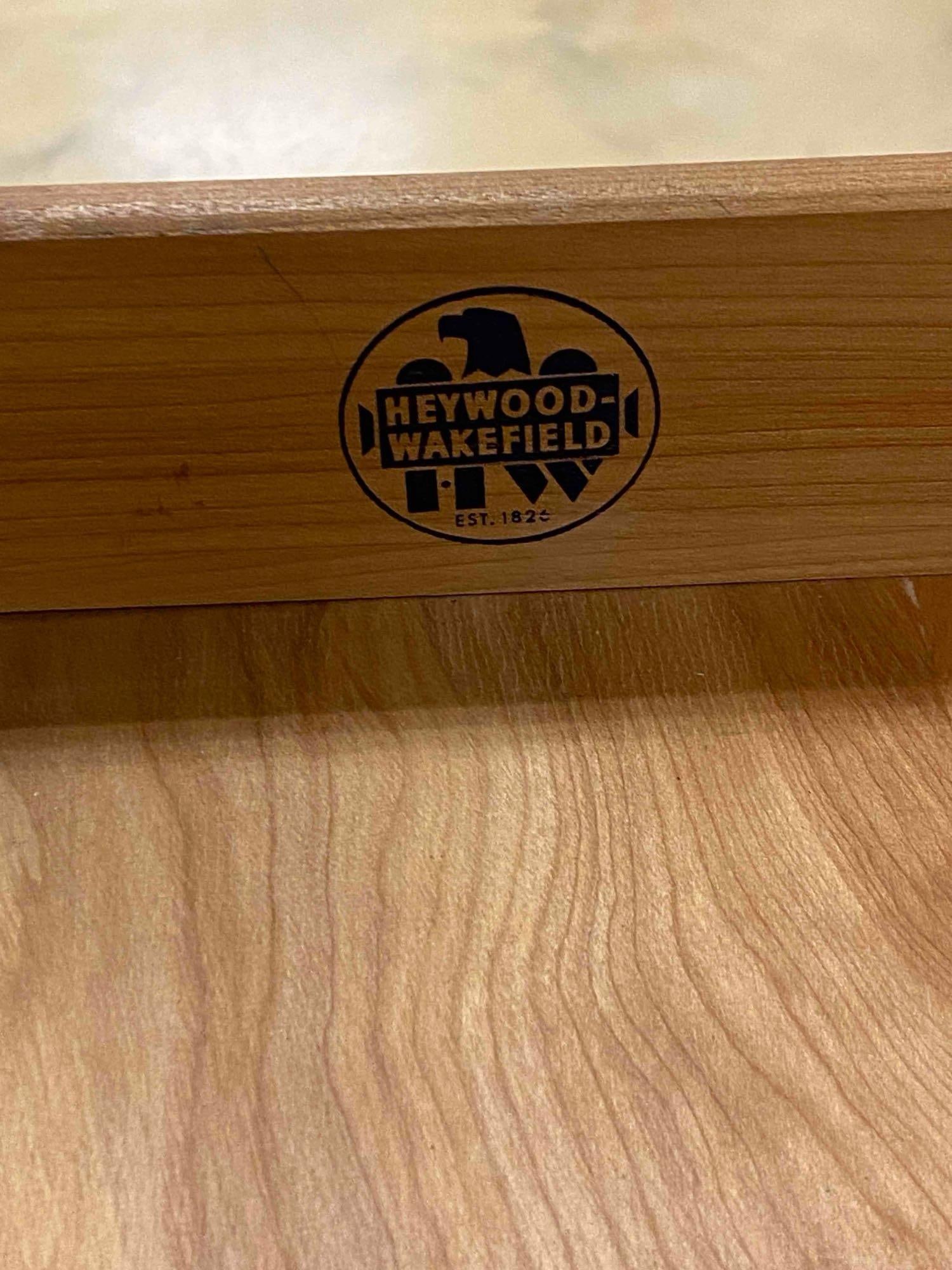 Vintage MCM Heywood Wakefield Champagne Wood Desk: NO IN HOUSE SHIPPING AVAILABLE, THIRD PARTY SHIPPING RECOMMENDED, mid century Modern, makers mark on interior of top drawer, some ink markings in top drawer, measures 30 inches H x 44 inches W x 22 in