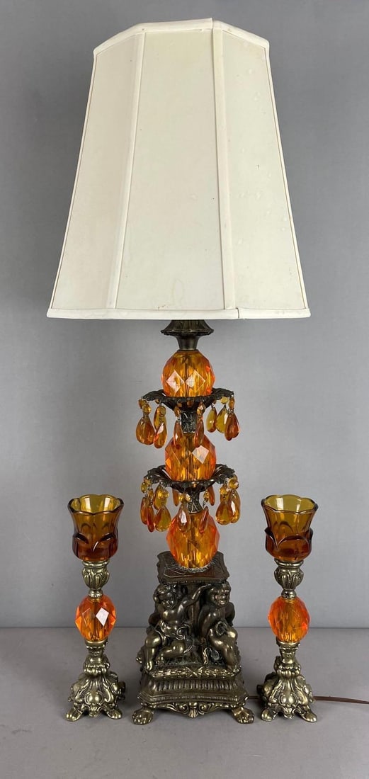 Vintage Brass Cherubic Table Lamp with Amber Lucite: Includes 2 candlesticks, amber glass votives do not fit properly, working lamp measures 34 inches x 13 1/2 inches