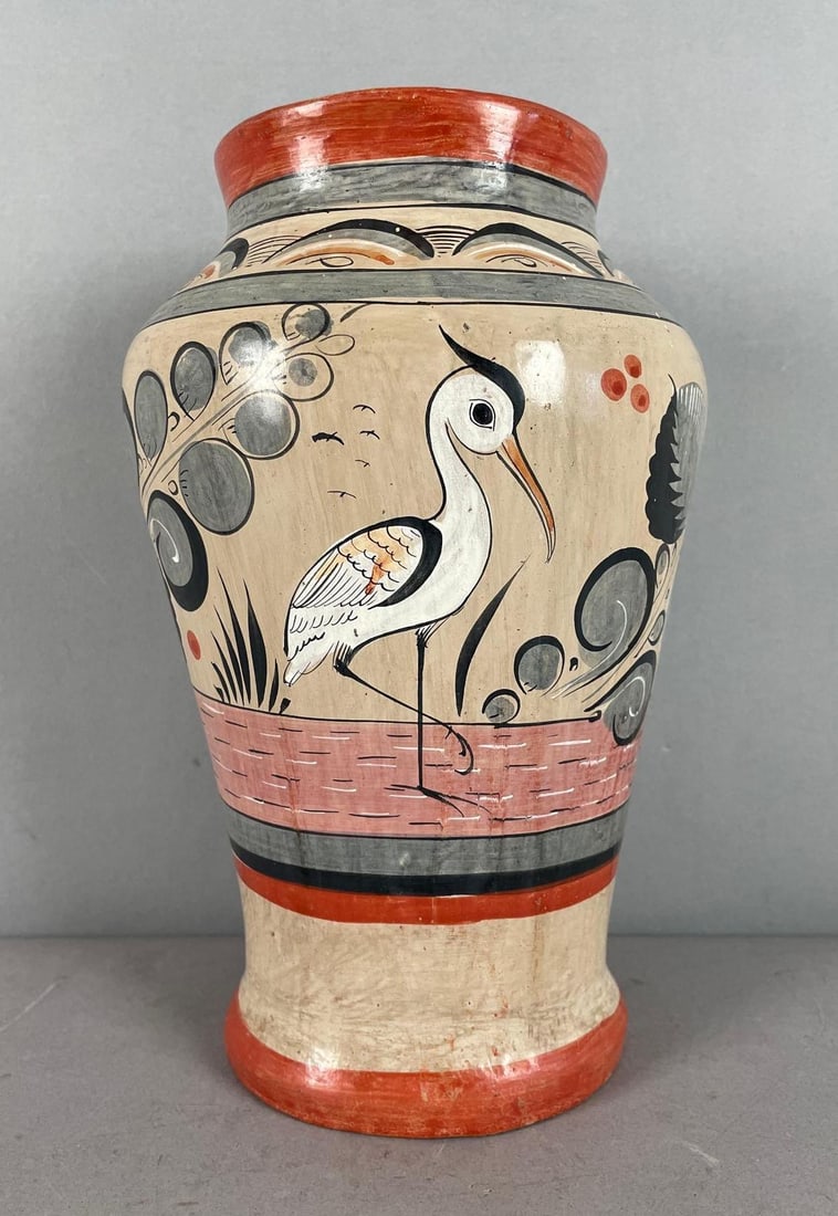 F. Olvera Signed Tonala Hand Painted Bird Motif Pottery Vase: Signed on base, measures 11 inches x 7 1/2 inches