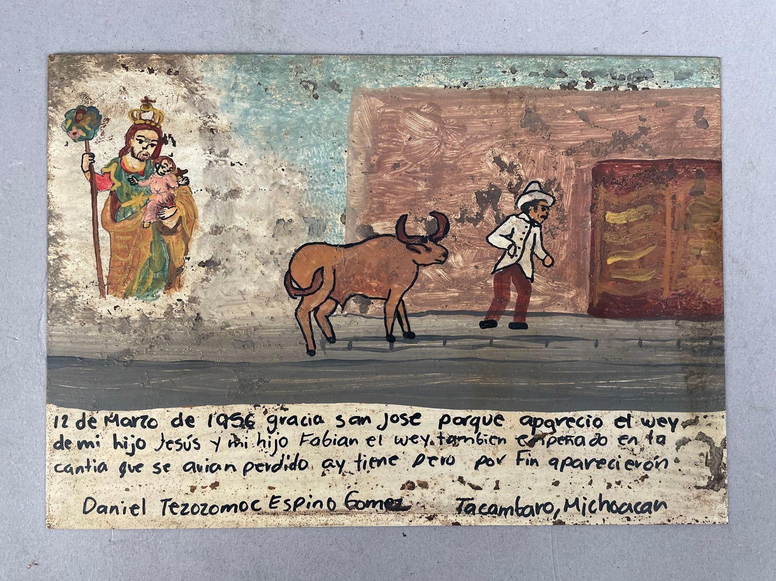 Mexican St. Joseph and Ox Retablo Painting: Description on back, measures 6 3/4 inches x 9 3/4 inches