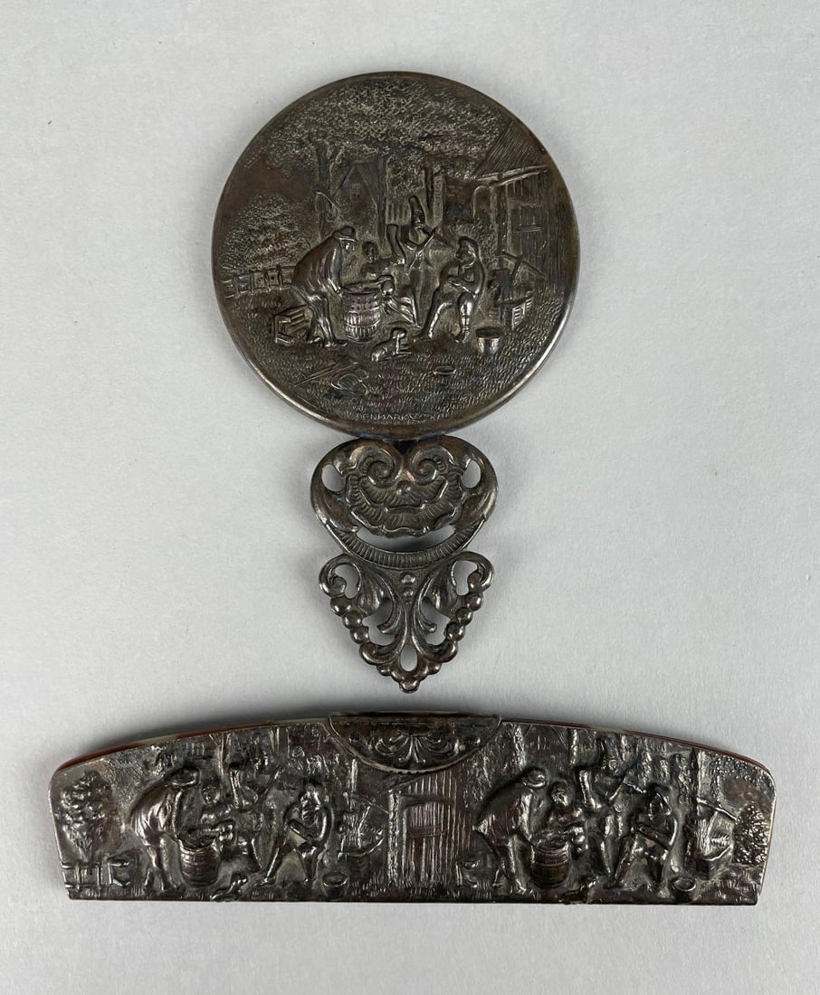 Vintage Danish Silver Plated Repousse Tavern Scene Vanity Set: Includes hand mirror and comb measuring 5 inches x 1 1/4 inches