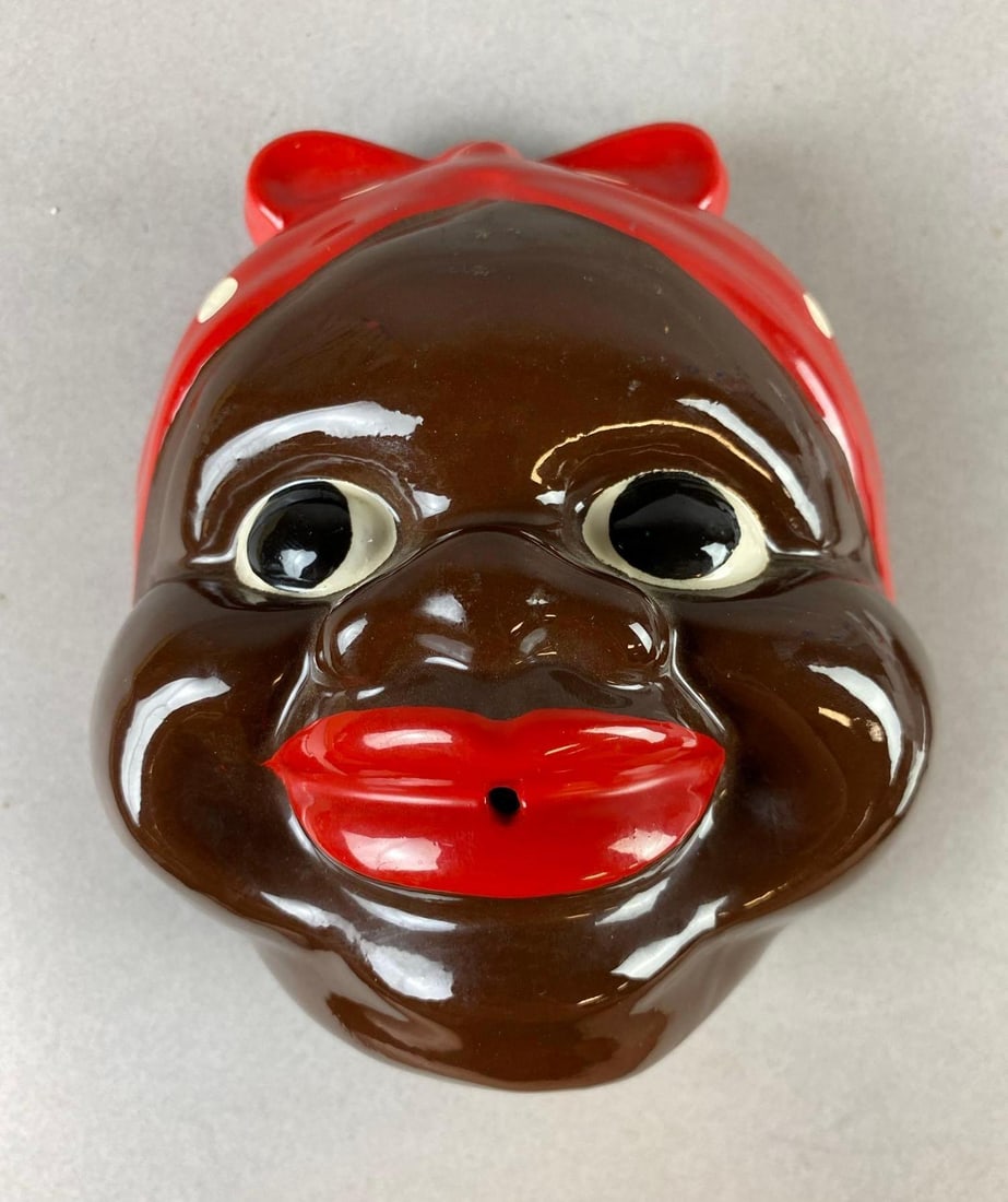Vintage 1950s Japan Black Americana Googly Eyed Mammy Ceramic String Holder: Measure 5 1/2 inches tall.