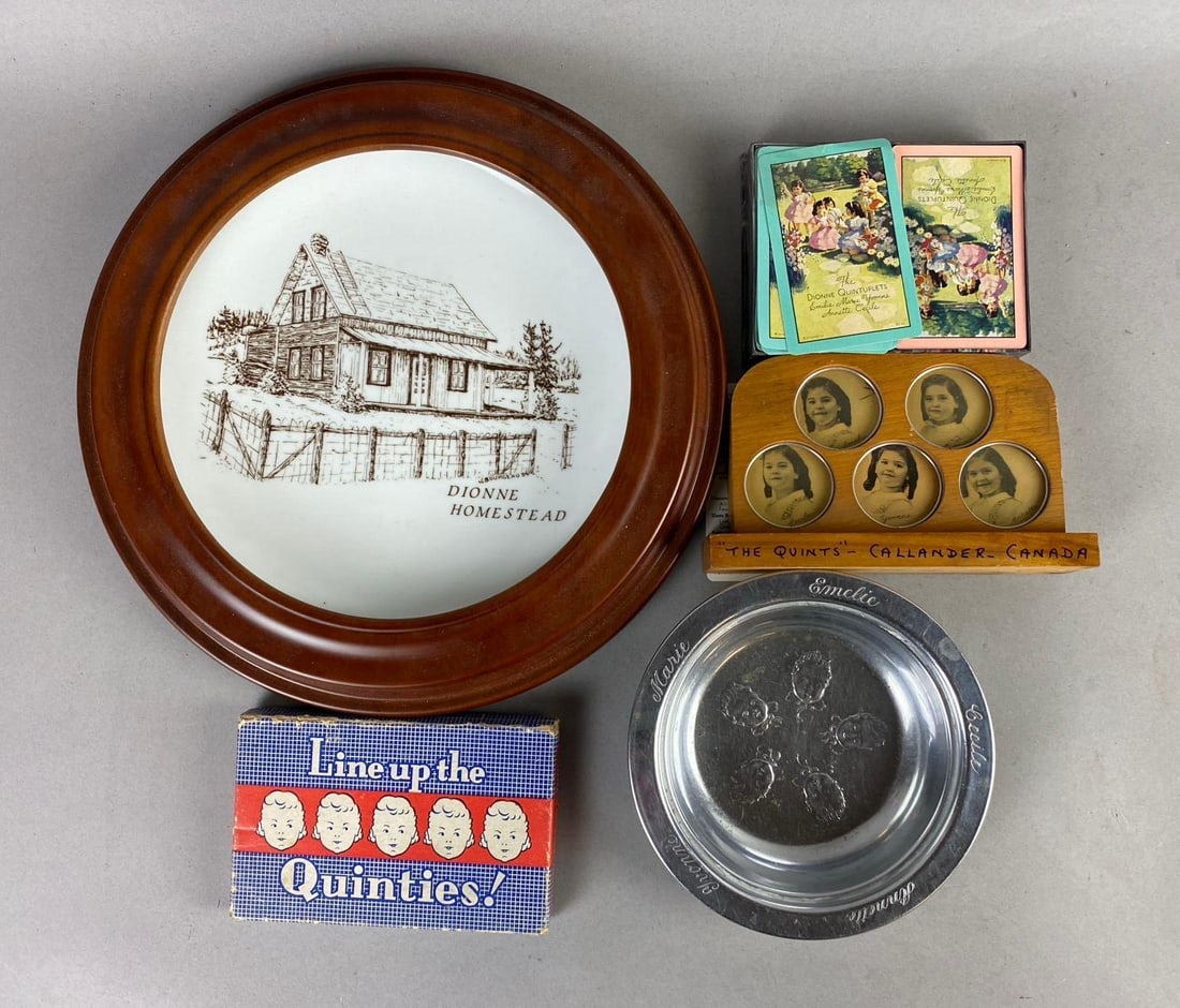 Group of 5 Vintage 1950s Framed The Dionne Quintuplets Memorabilia: Largest measures 11 inches in diameter.