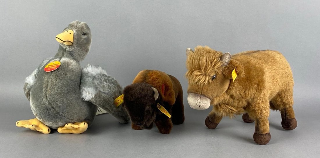 Group of 3 Steiff Stuffed Animal Toys: Includes kyle highlander cow, bison and goose, Original tags, largest measures 8 1/2 inches H