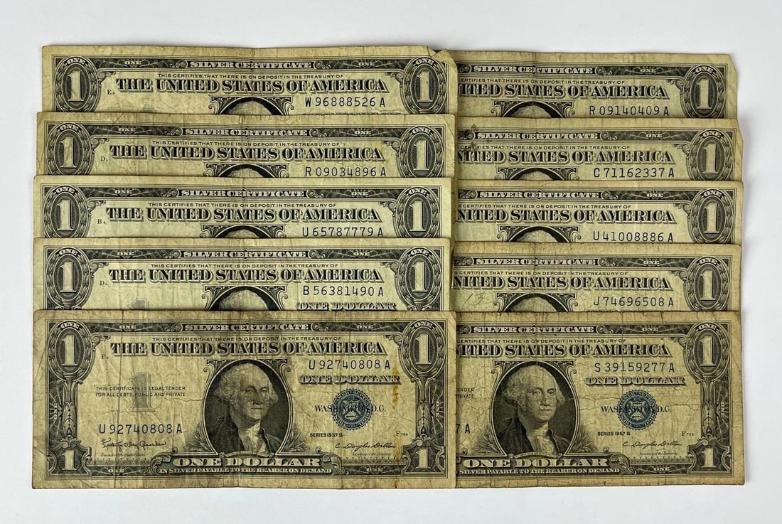 Group of 10 1957 US Silver Certificates: Group of 10 1957 US Silver Certificates