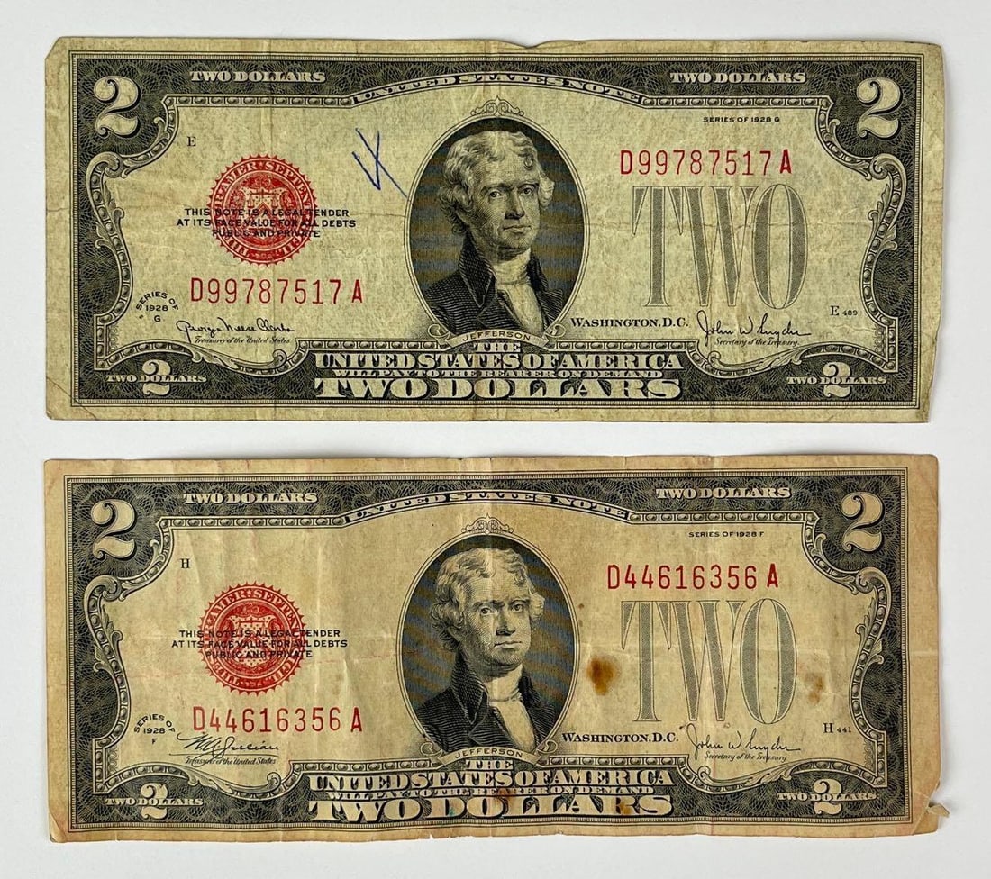 Group of 2 1928 US $2 Red Seal Notes: Group of 2 1928 US $2 Red Seal Notes