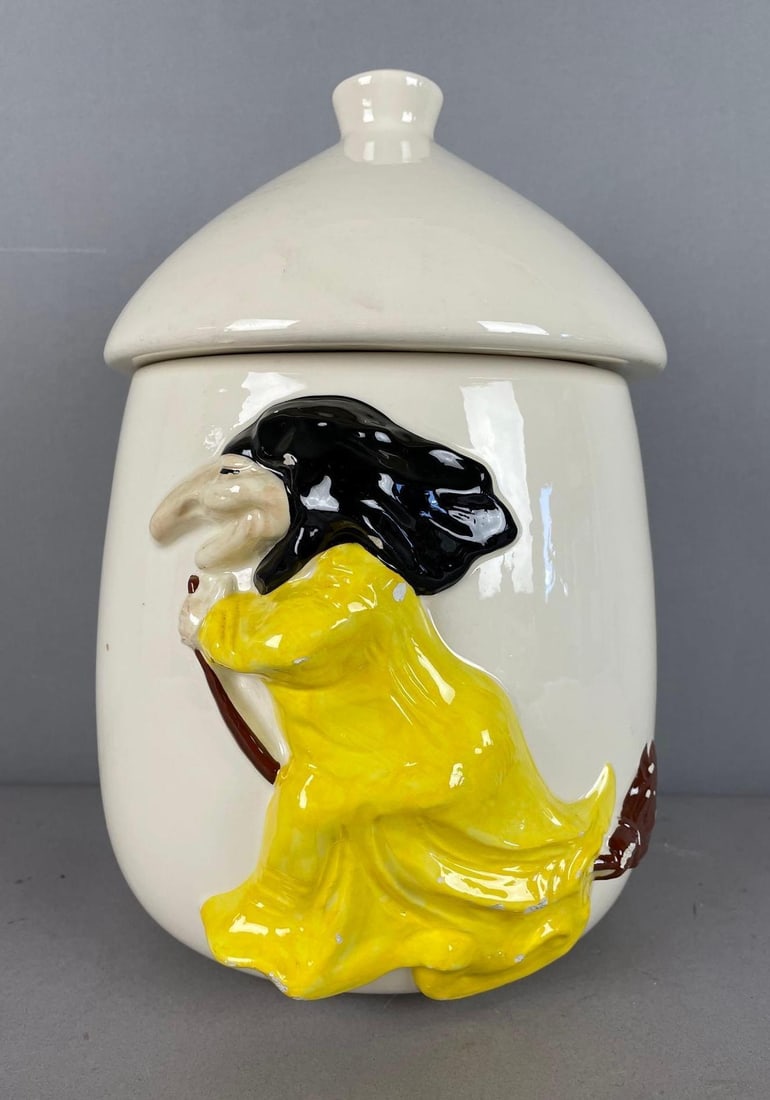 Vintage Halloween Witch Ceramic Cookie Jar: Small crack on inside rim, measures 12 1/4 inches x 8 1/2 inches x 9 inches