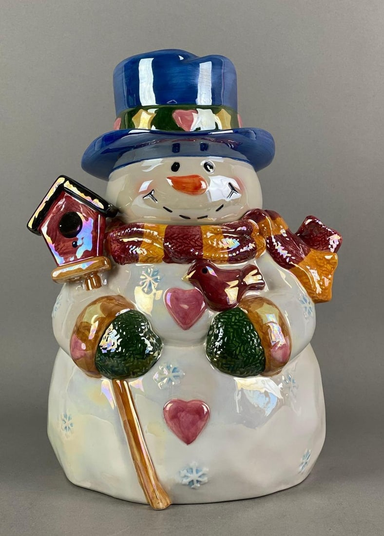 Ganz Snowman Porcelain Cookie Jar: Marked on base, measures 10 3/4 inches H x 7 inches W x 6 1/2 inches D