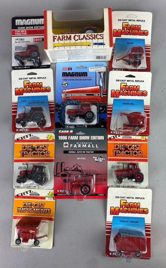 Group of Assorted 1980s ERTL 1/64 Scale Die-Cast Tractors and More: Like new in original packaging.