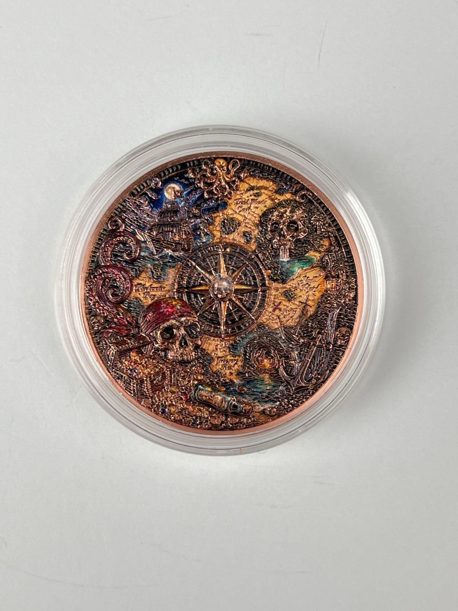 Colorized Pirate Map 1 oz 999 Fine Copper Round: Colorized Pirate Map 1 oz 999 Fine Copper Round